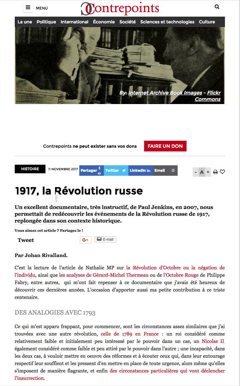 Page. contrepoints.org 1917, la Révolution russe, par Johan Rivalland. 2017-11-11